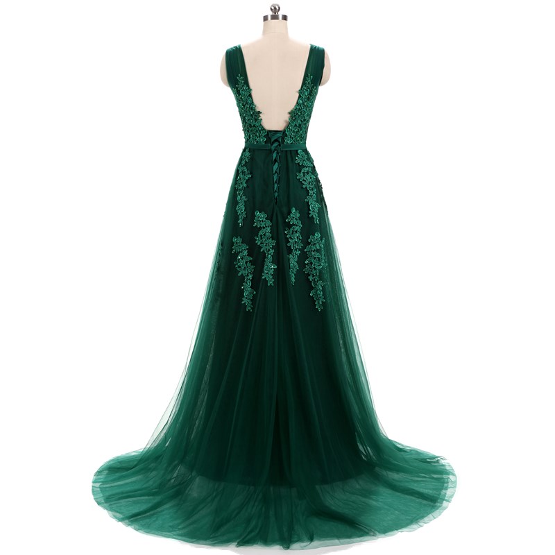 Hunter Green Lace Applique Tulle Prom Dresses Featuring V Neck And Lace