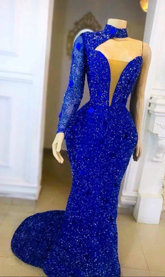 Sequin Royal Blue Dinner Dress, African Long Mermaid Prom Gown, Wedding ...