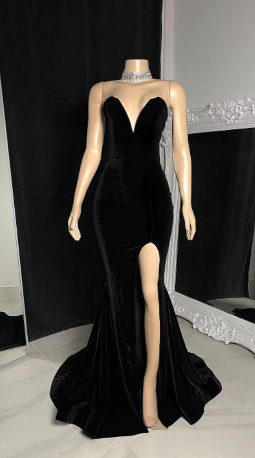 Black Velvet Prom Dress, Sleeveless Deep V Prom Gown, Wedding Reception ...