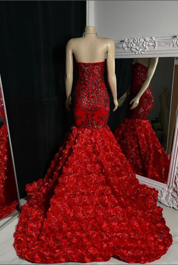 Red Rosetta Mermaid Prom Dress, Wedding Reception Dress, African Floor ...