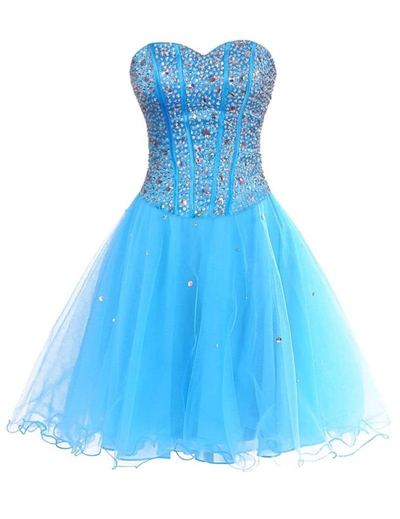 Classy Strapless Blue Tulle Pleated Beaded Birthday Outfits Homecoming Dress main image 1