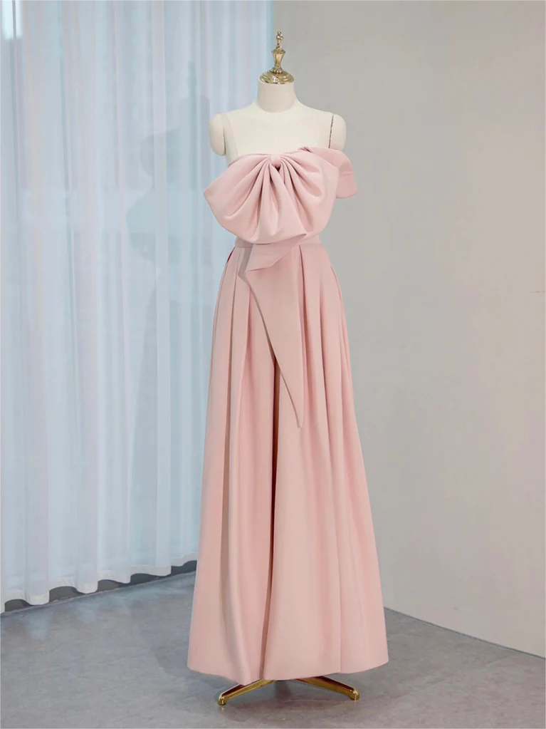 Pink Satin Long A-Line Prom Dress, Pink Puff Sleeves Formal Evening Dress