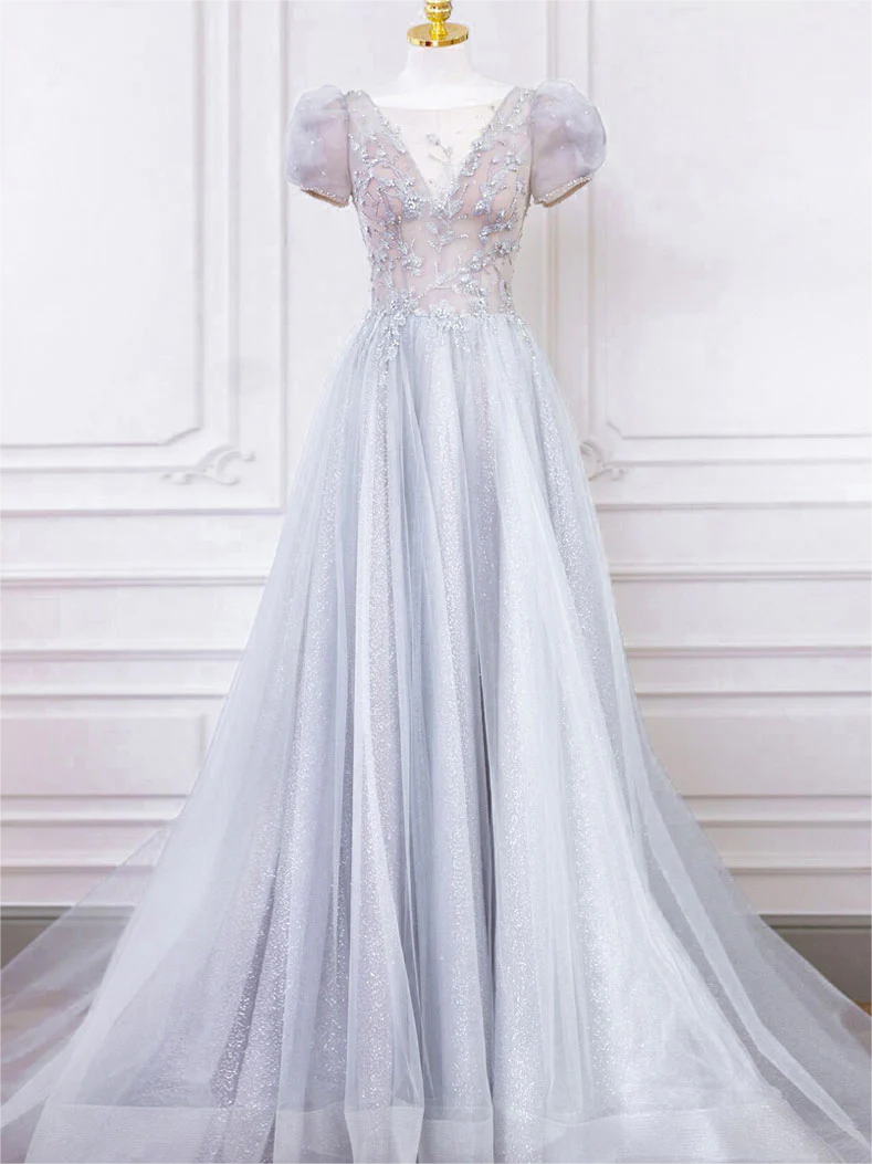 Grey Long A-line Round Neck Tulle Lace Formal Prom Dresses main image 1