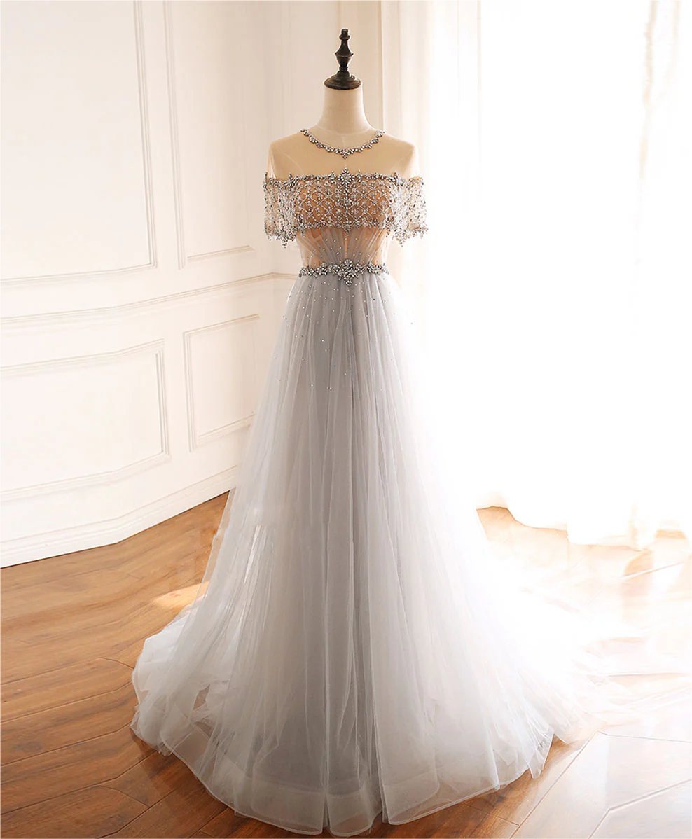 Prom Dresses,gray Round Neck Tulle Beads Long Prom Dress Forma ...