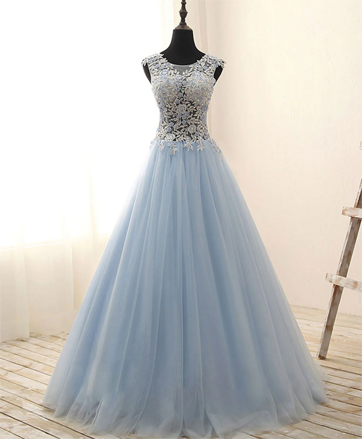 Prom Dresses,unique Round Neck Tulle Lace Long Prom Dress, Long Evening ...