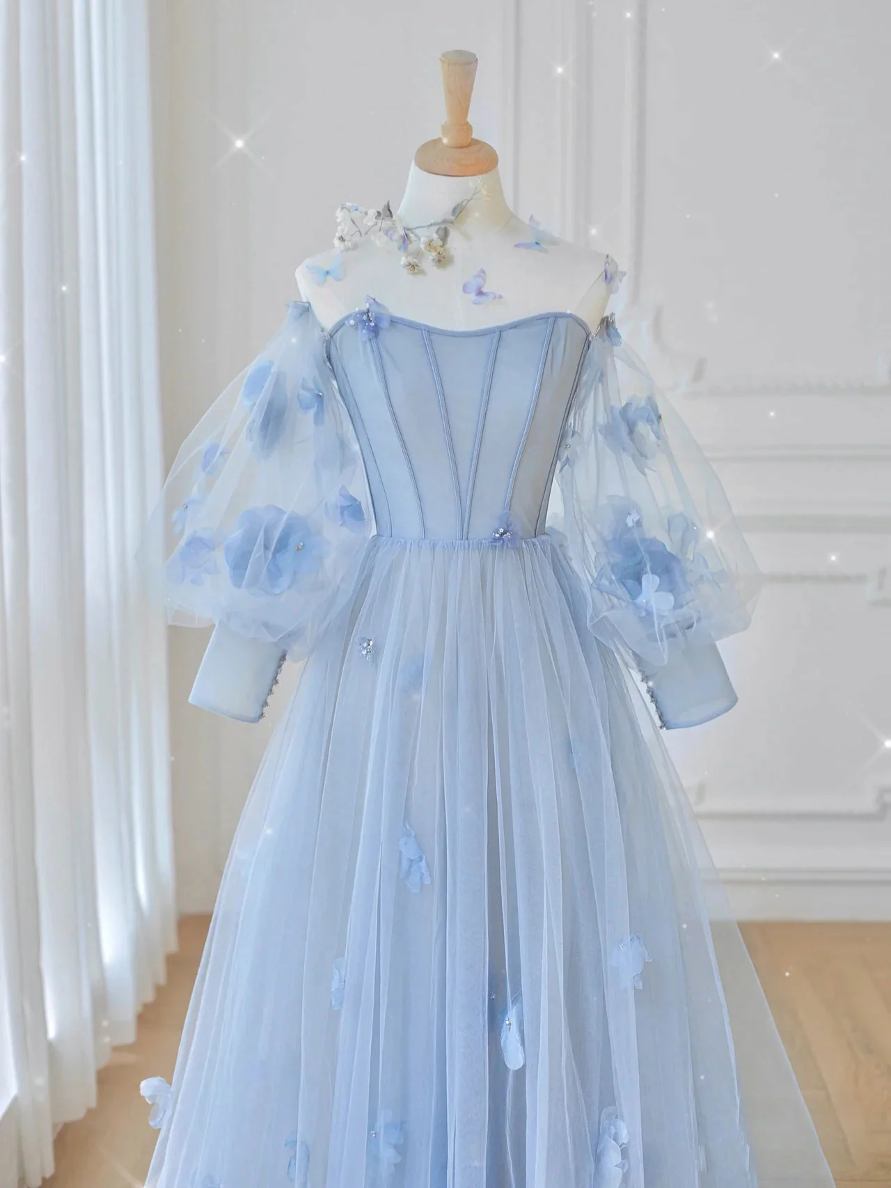 Unique blue tulle lace long prom dress, blue evening dress  S13770