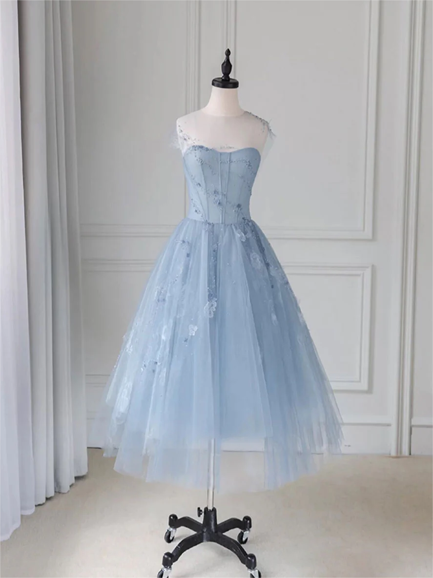 Prom Dresses,blue Round Neck Tulle Short Prom Dress, Blue Tulle ...