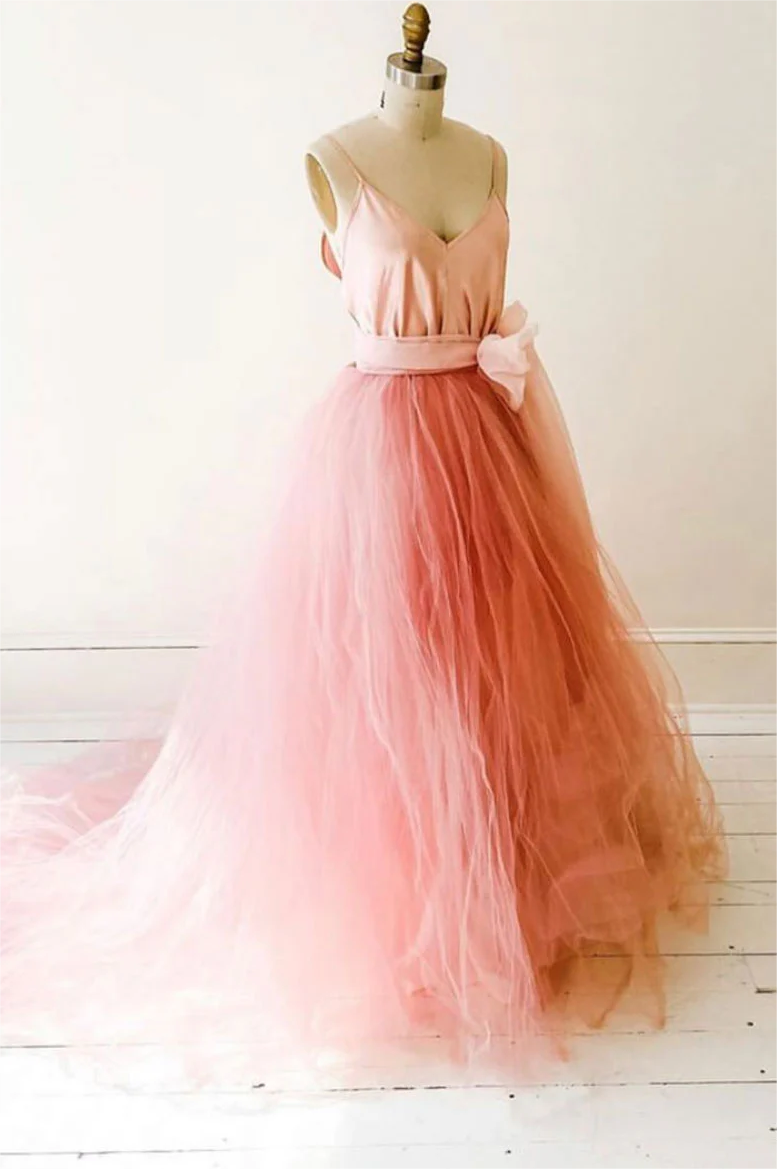 V Neck Hot Pink Tulle Long Prom Dresses, Hot Pink Tulle Long Formal Evening Dresses main image 1