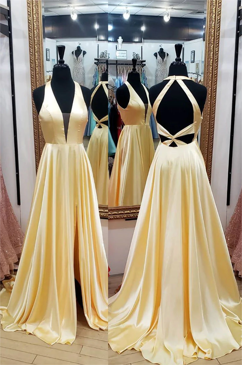 Yellow satin long prom dress yellow evening dress C2053