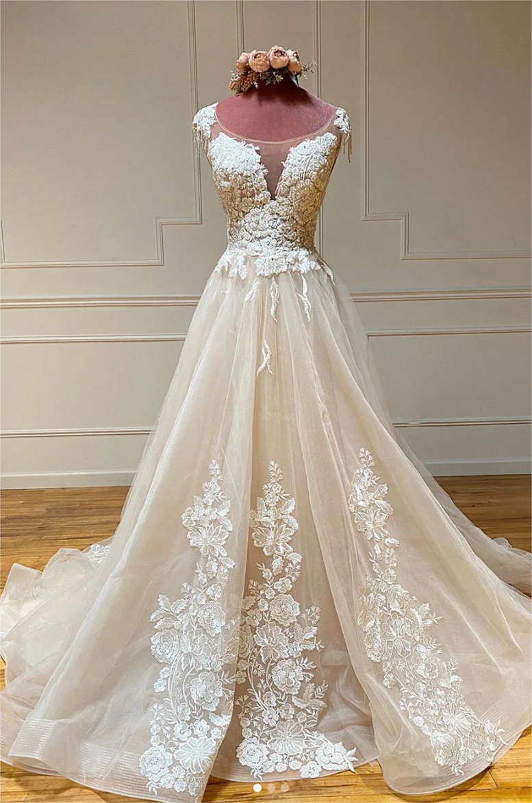 Prom Dresses,champagne Round Neck Tulle Lace Long Prom Dress Lace ...