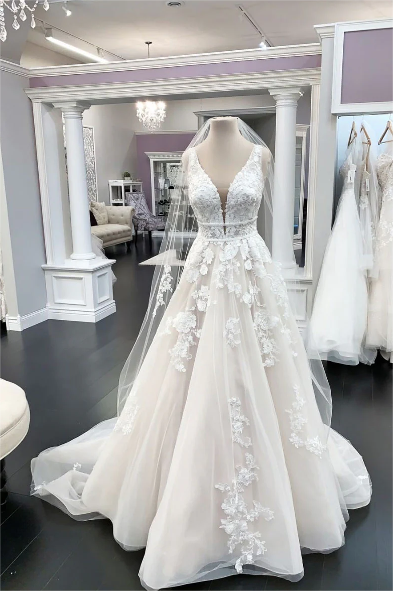 Light Champagne Tulle Lace Wedding Dress With Pockets main image 1