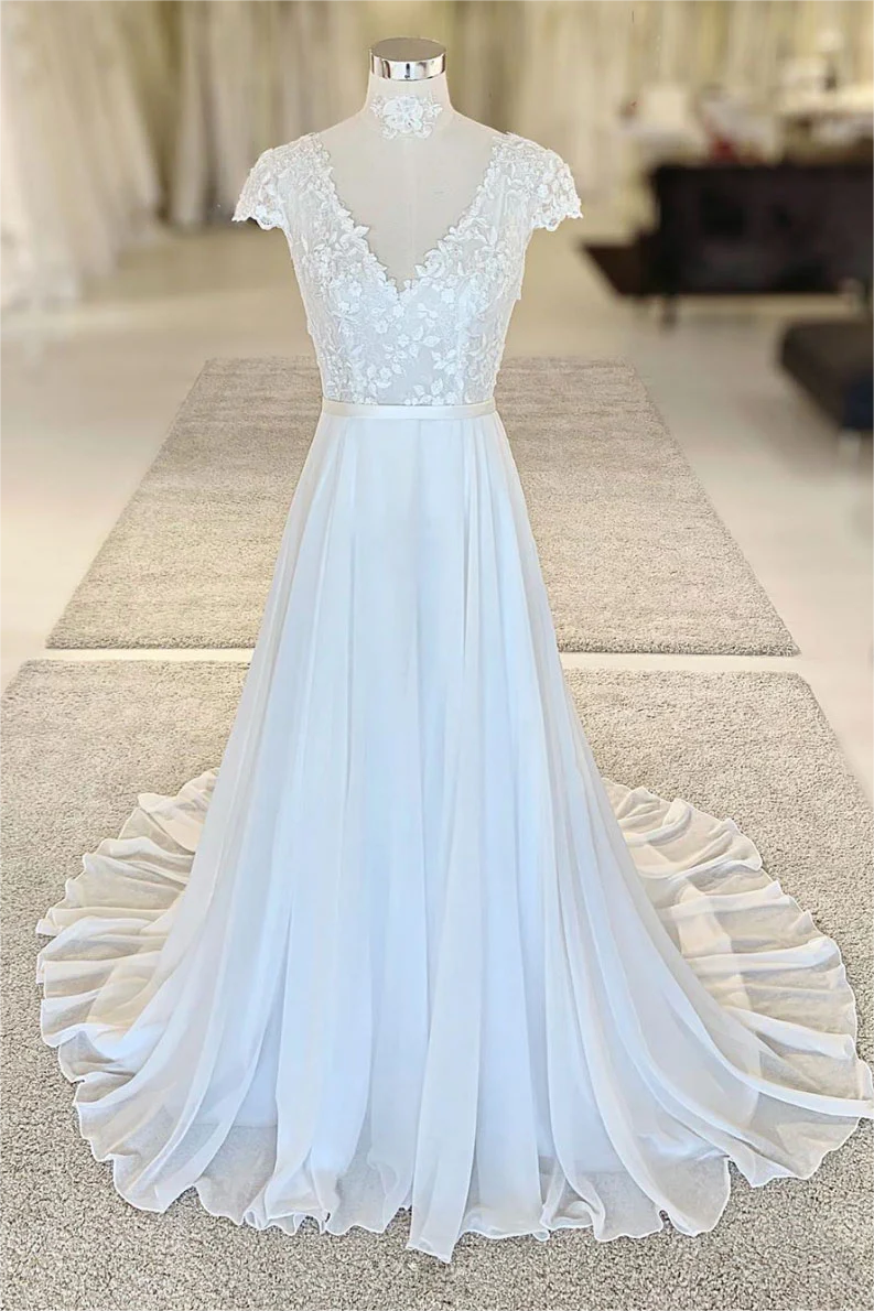 White v neck lace chiffon long prom dress white lace evening dress S4622 main image 1
