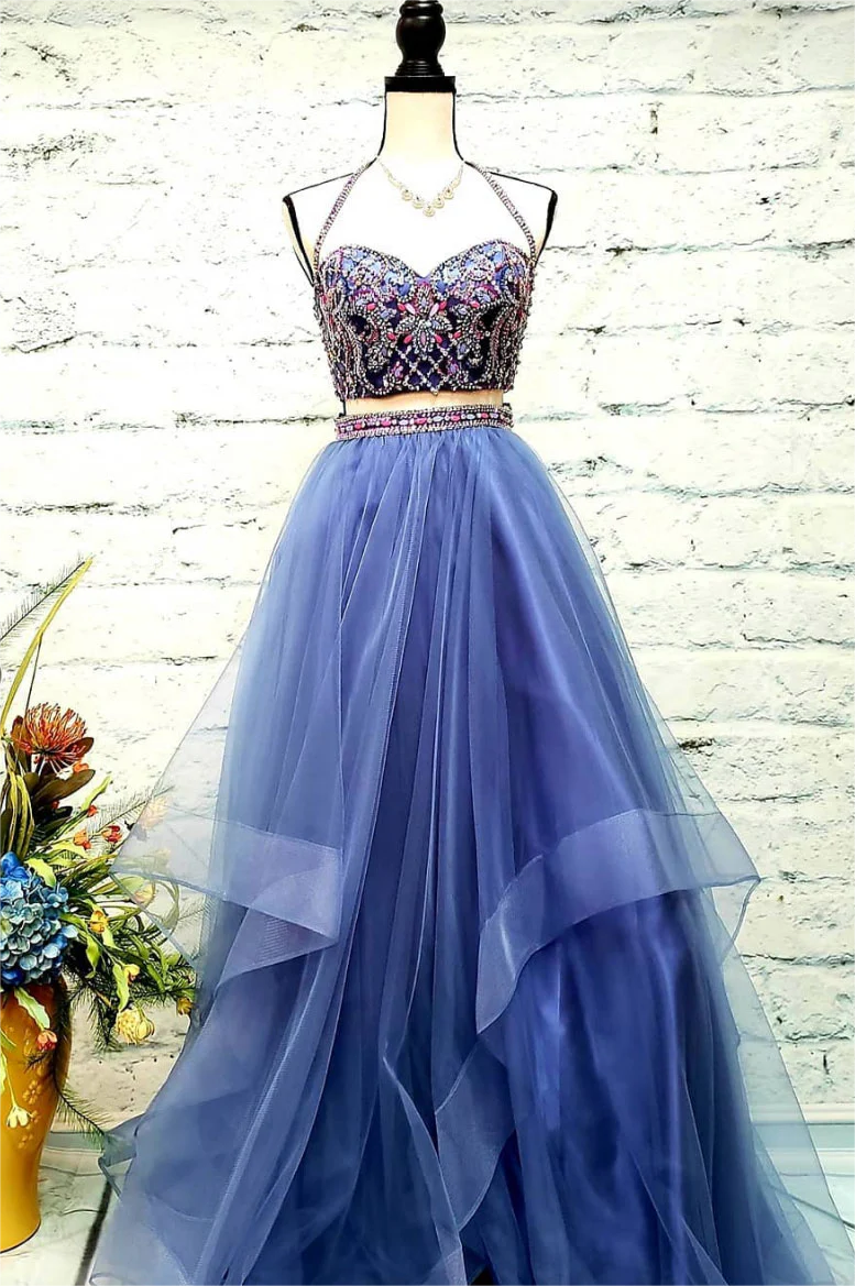White two pieces tulle long prom dress, tulle evening dress 0021