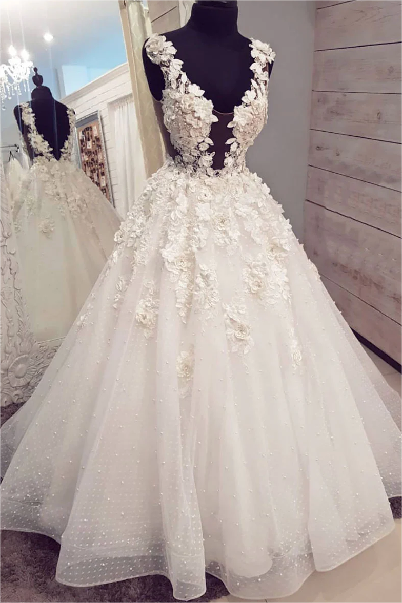 White V Neck Lace Tulle Long Prom Dress, Wedding Dress