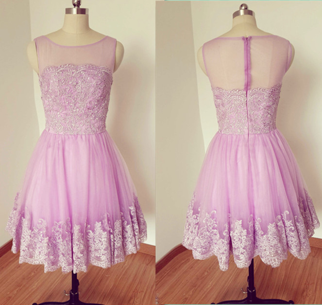 Lavender Lace Applique Homecoming Dress, Round Neck Graduation Dresses ...