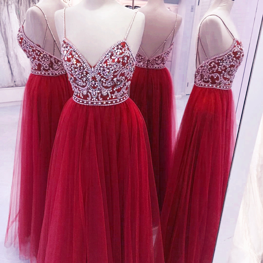 Gorgeous V Neck Beaded Tulle Layered Long Prom Dress Evening Gown,DP1419