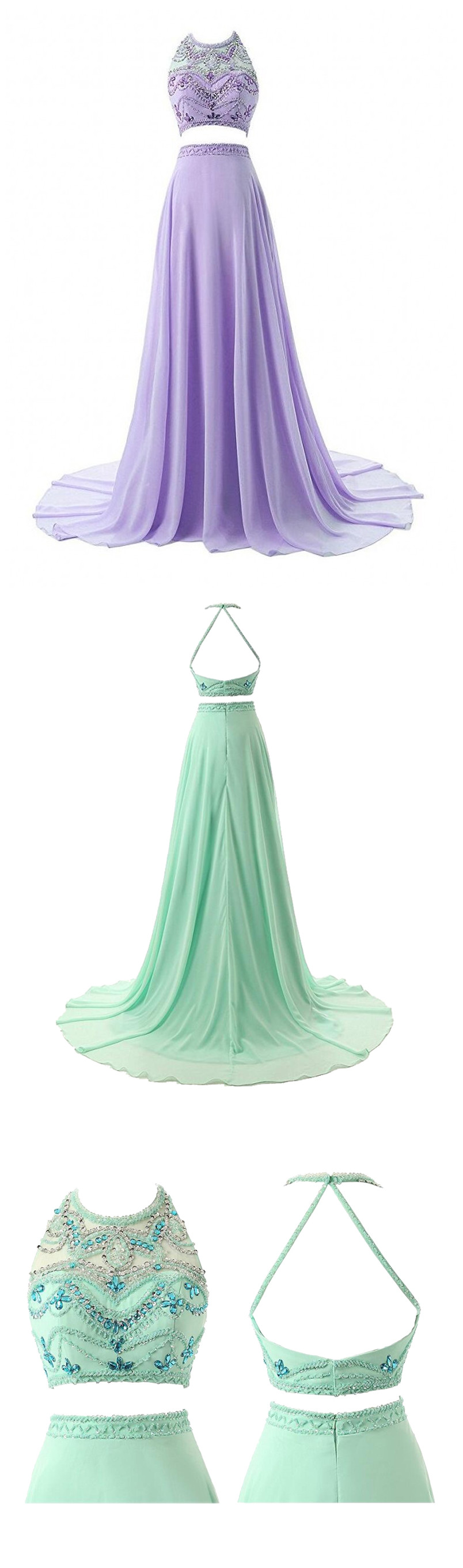Beautiful Two Pieces Halter Long Evening Prom Dress With Ruffle,Tiered Chiffon Party Gown Y8025 main image 0