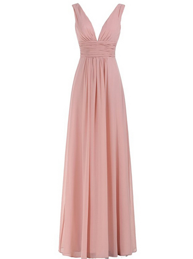 Women's Sexy Deep V-Neck Bridesmaid Dress Ruched Waist Prom Gowns ...