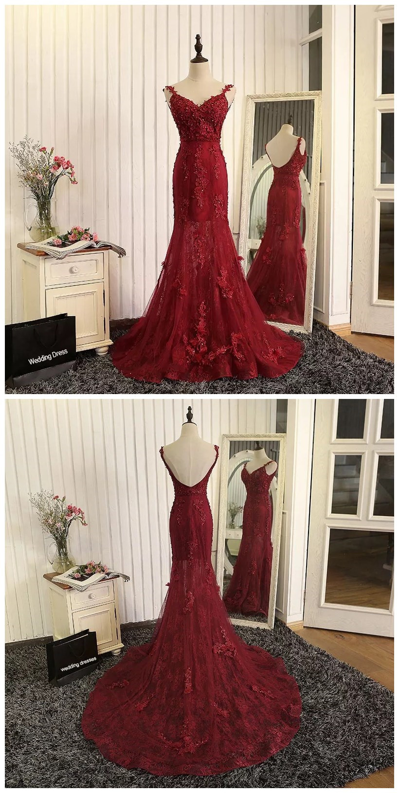 Wine Red Evening Dress,mermaid Evening Gowns,burgundy Prom Dress,lace