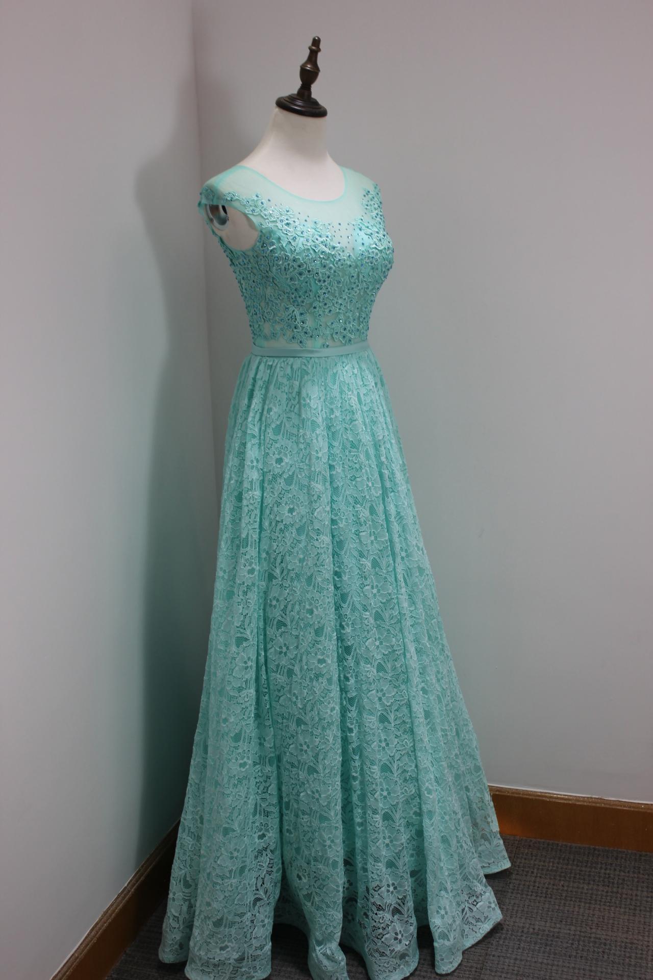 Charming Light Blue Lace Prom Dresses Long Elegant Sheer Neck See