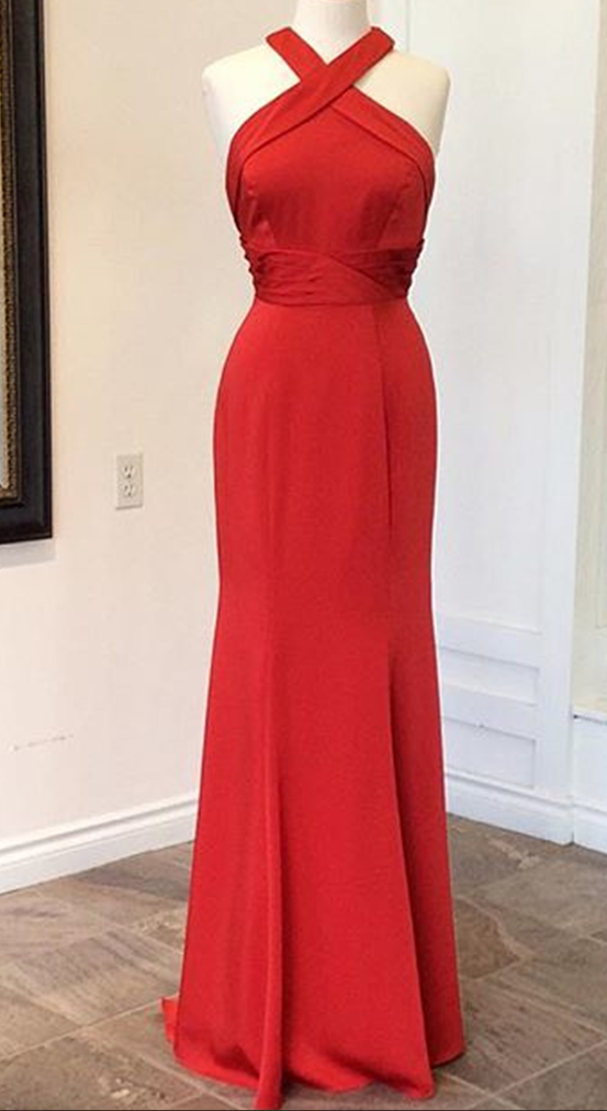 Red Halter Fitted Prom Gown, Evening Dress Dress Cut Out