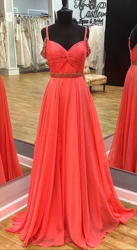 Beaded Straps Long Chiffon Coral Prom Dresses 2017 Floor Length on Luulla