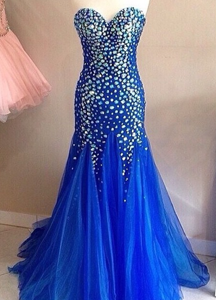 Royal Blue Mermaid Prom Dresses Long Sweetheart Evening Gowns Crystal ...