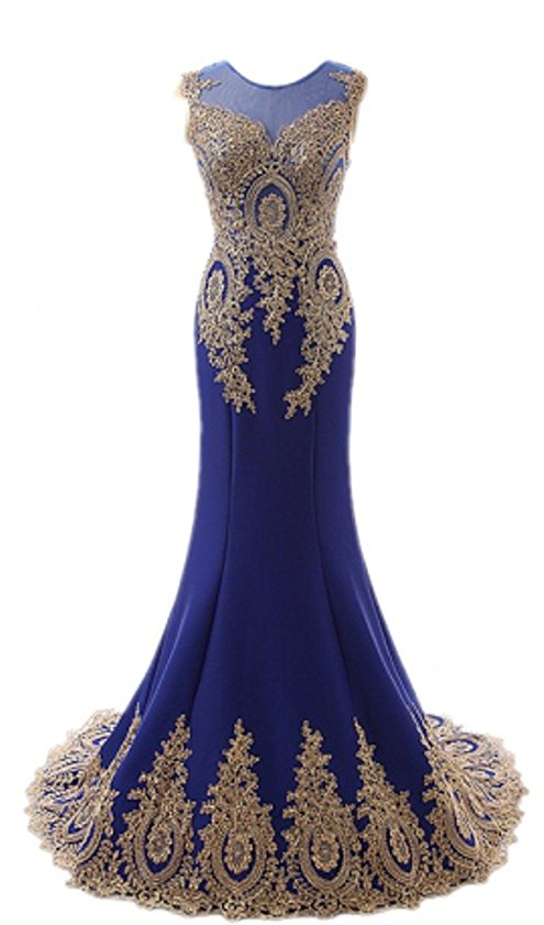 Long Gold Appliqued Royal Blue Mermaid Evening Dress