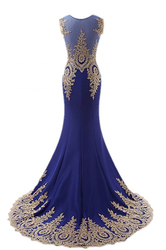 Long Gold Appliqued Royal Blue Mermaid Evening Dress For Women Party ...