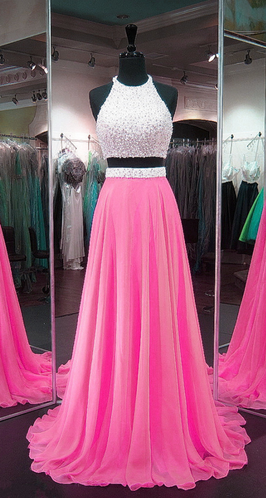 Pink Prom Dresses,chiffon Prom Gowns,two Piece Prom Dress,2 Piece Prom
