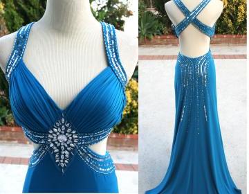 2017 New Arrival Blue Sheath Sweetheart Spaghetti Backless Sequined Crystals Floor Length Chiffon Party Dresses Prom Dress Gowns