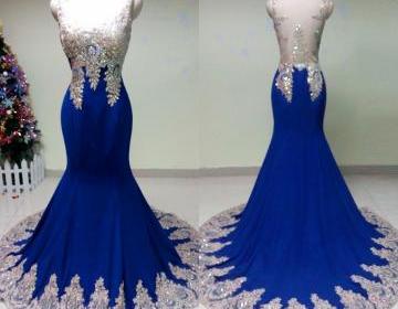 Custom Made Royal Blue Evening Dresses,Long Satin Formal Party Dresses,Mermaid Appliques Beaded Prom Gowns,Sheer Back Women Evening Dresses