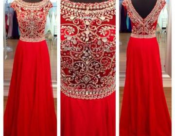 Red Prom Dresses,Long Prom Dresses, Chiffon Prom Dresses, Beade Prom Dresses, Cap Sleeve Prom Dresses, Prom Gowns